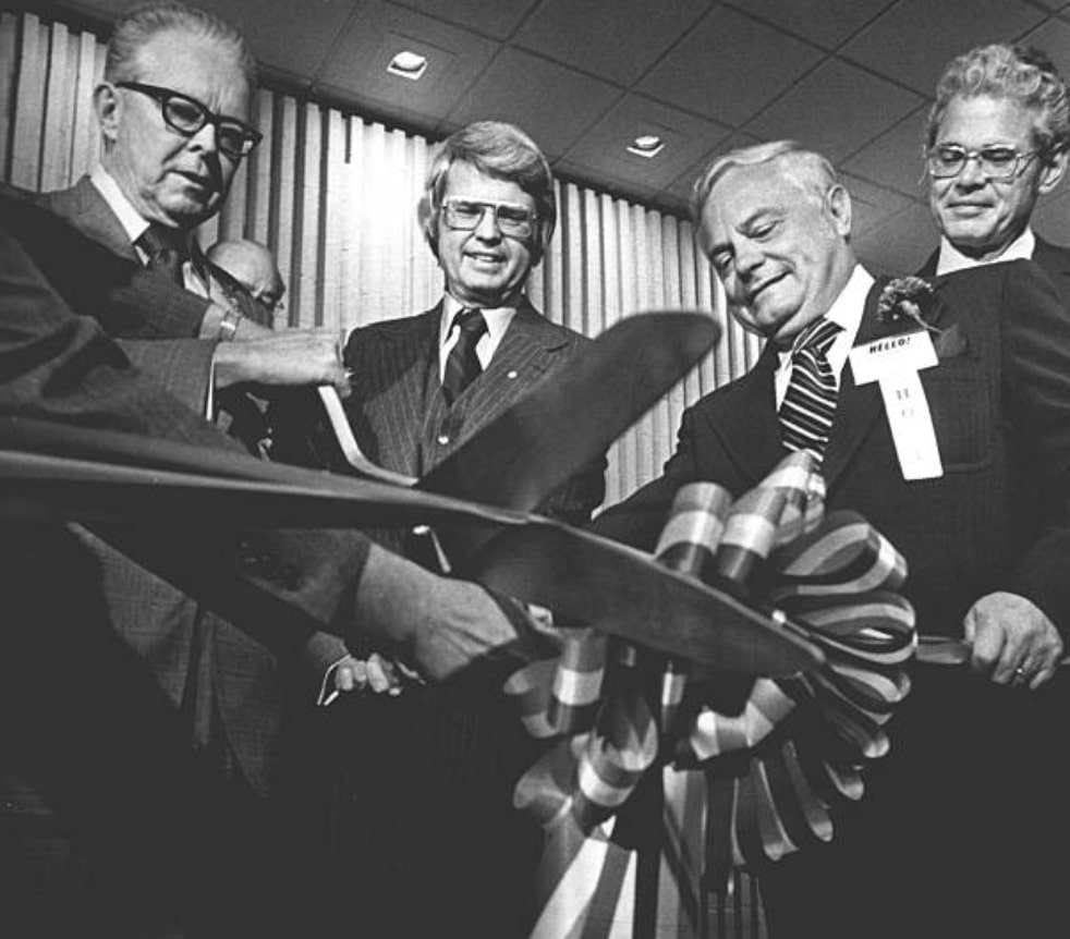 Left to Right Mayor Bill McNichols, Gov. Rich Lamm, Harry J. Jesko, and John W. Teets